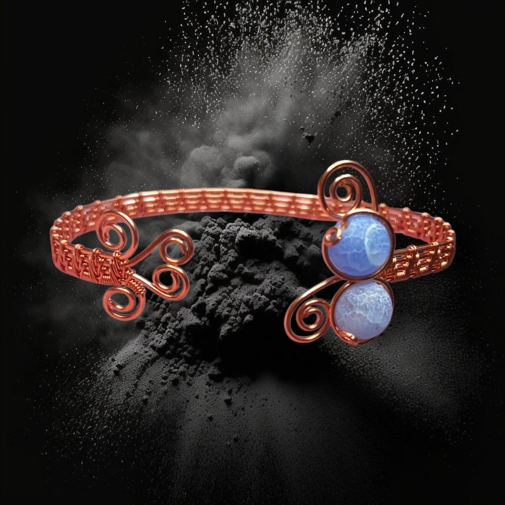 Artisan Copper Wire Weave Cuff Bracelet with Light Blue Matte Agate